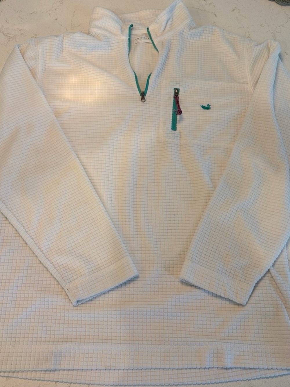 Southern Marsh White Quarter-Zip Pullover with Teal Accents (Fits Bigger)